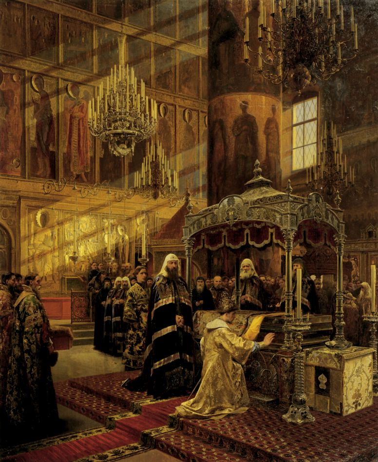 Alexander Dmitrievich Litovchenko. Tsar Alexei Mikhailovich, and Nikon, Archbishop of Novgorod, at the grave of the Wonderworker Philip, Metropolitan of Moscow