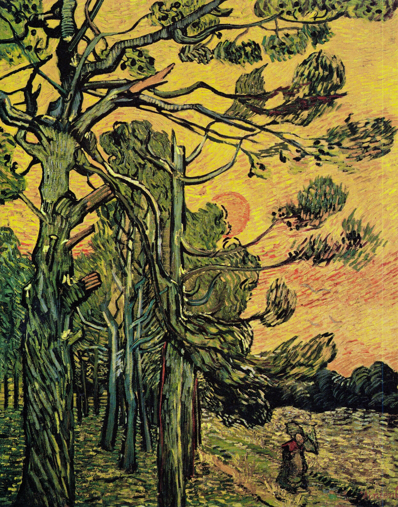 Vincent van Gogh. Pine trees against an orange sky with the setting sun