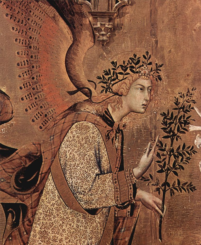 Simone Martini. The Annunciation, detail: angel preaching the things