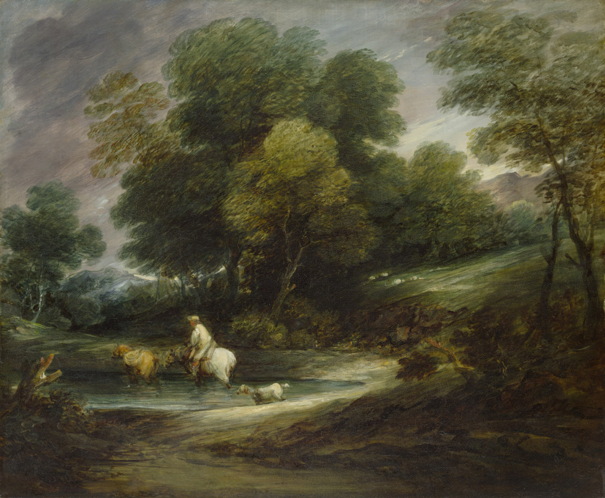 Thomas Gainsborough. Forest landscape. Horseman at a watering hole
