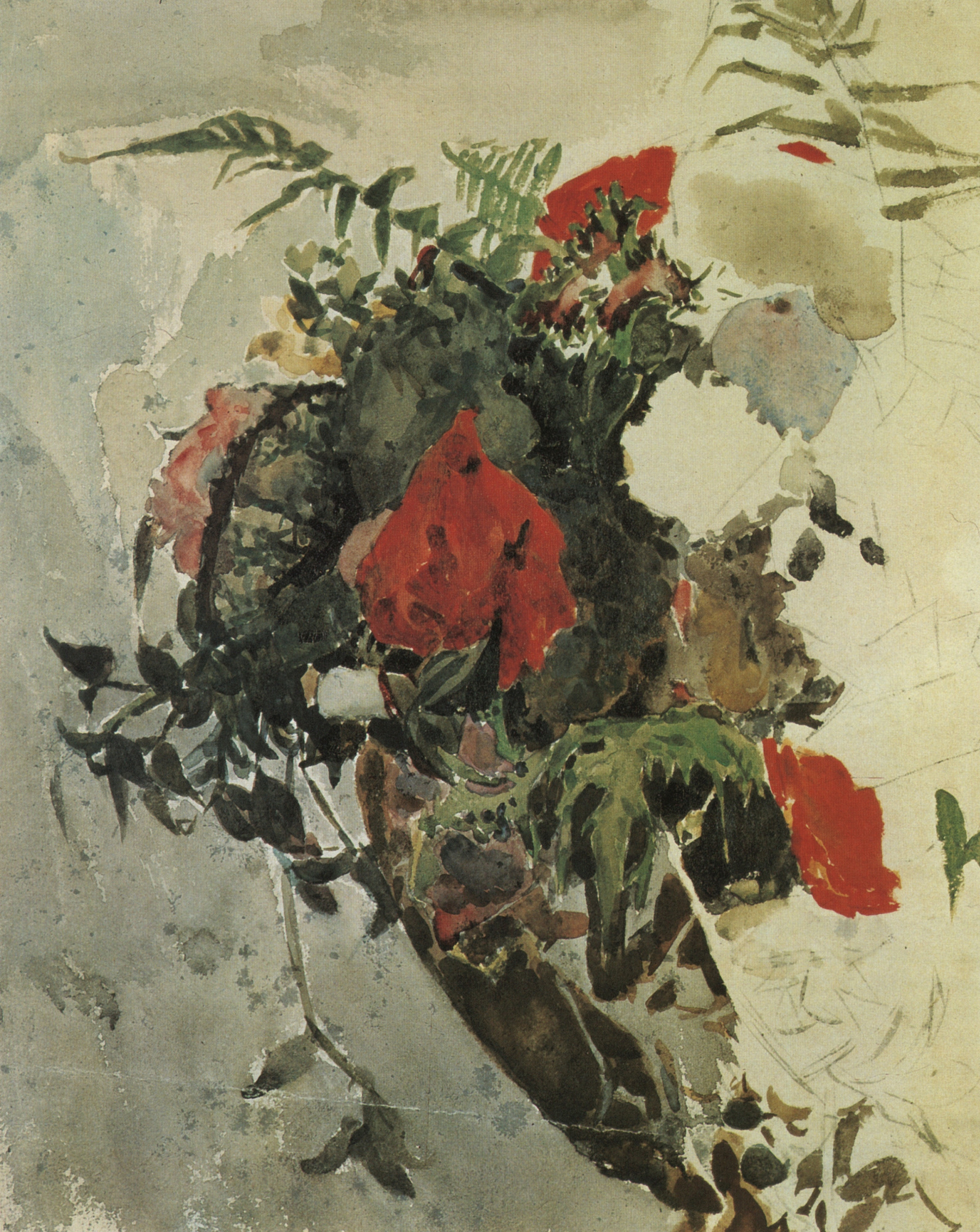Врубель серебряный век. Врубель "красные цветы и листья бегонии в корзине", 1887.