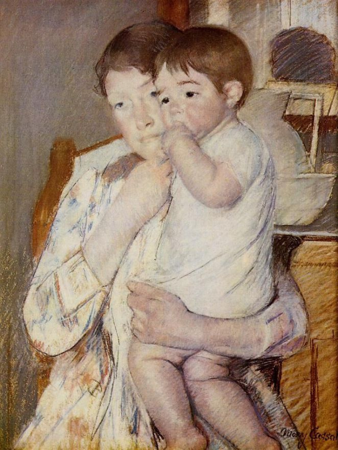 Mary Cassatt. The baby sucking the thumb, on the arms of his mother