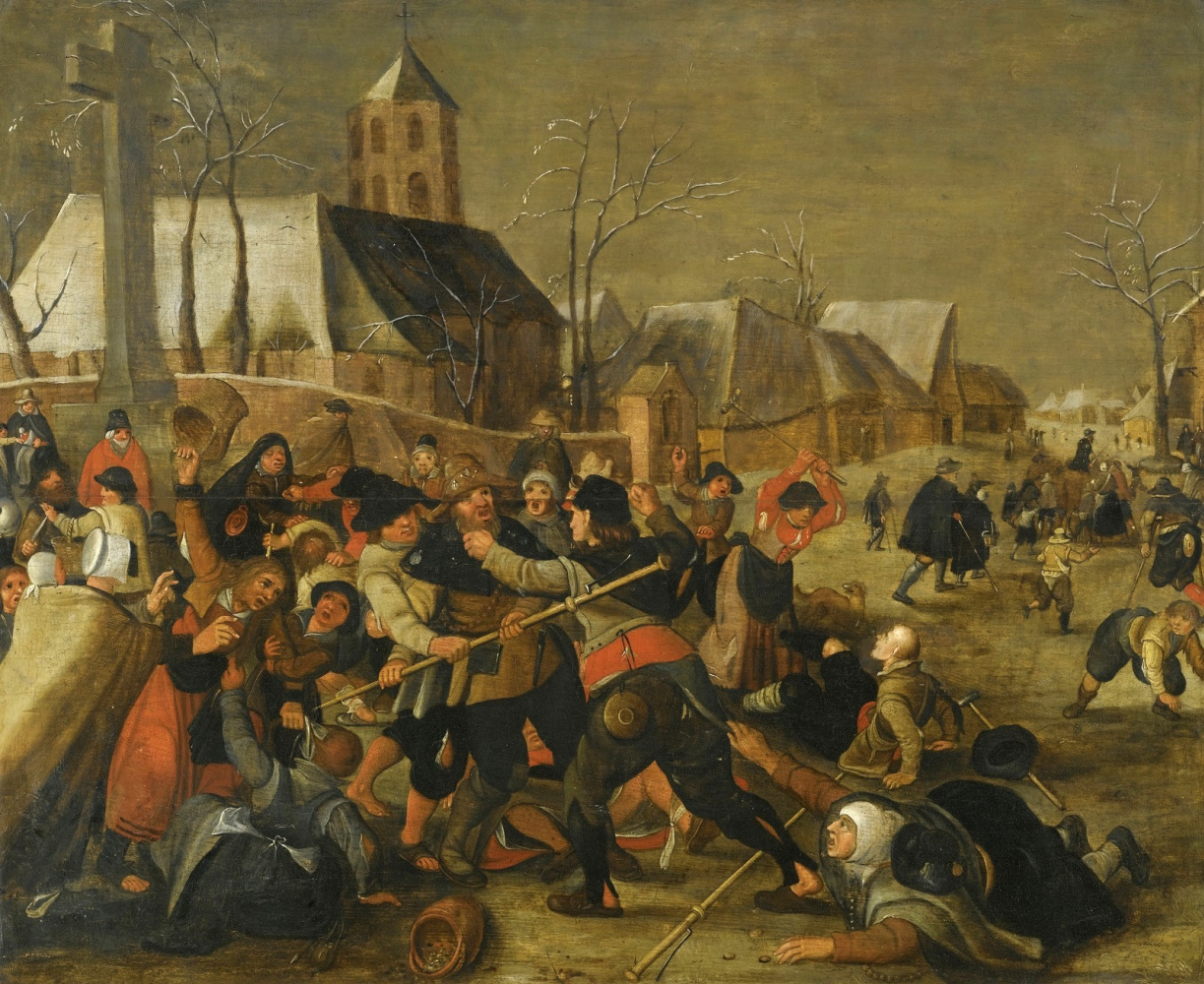 Martin van Cleve. Winter landscape with a peasant quarrel near the church