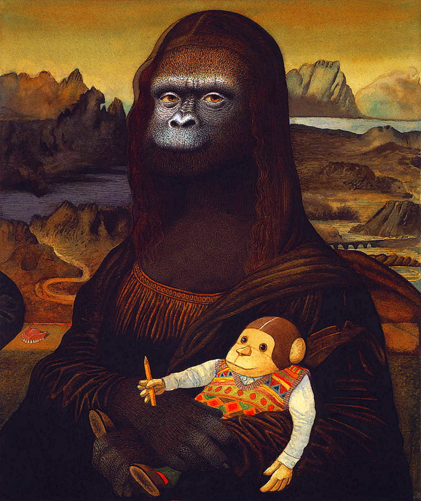 Загадочные картины художников. Обезьяна Мона Лиза. Anthony Browne Gorilla. Обезьяны в живописи. Обезьянки в живописи.