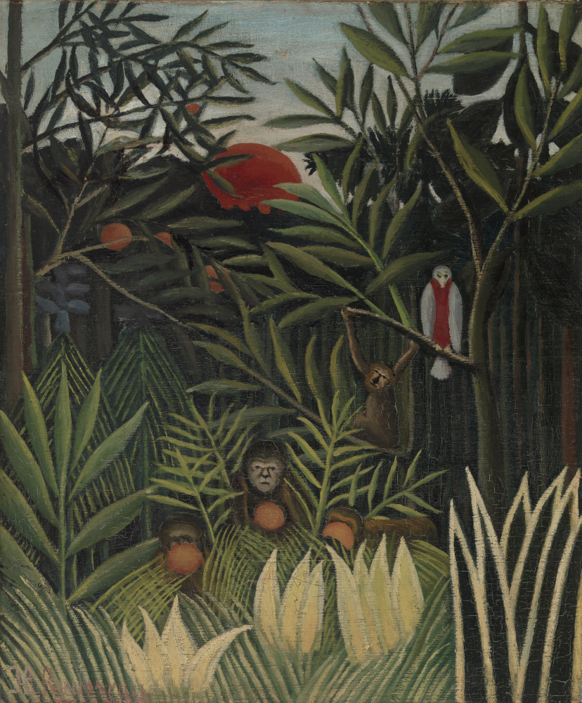Henri Rousseau. Monkeys and parrot in the virgin forest