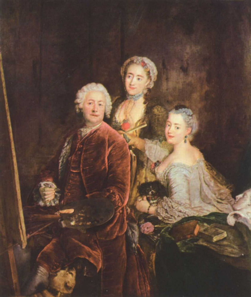 Antoine Pen. Portrait of the artist with his daughters in front of the easel