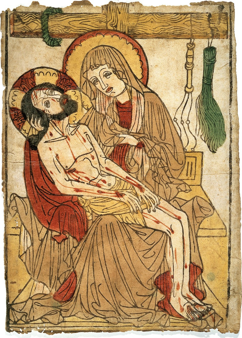 Неизвестный художник Немецкой школы. «Пьета», ок. 1450 г. Гравюра на дереве, раскрашенная вручную. 4 Неизвестный художник Немецкой школы. «Пьета», ок. 1450 г. Гравюра на дереве, раскрашенная вручную. 4