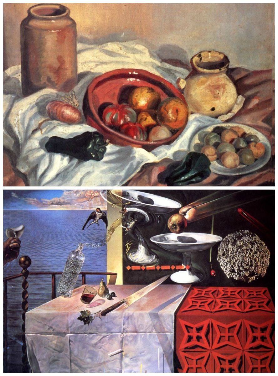 Salvador Dalí. In his Still Life (1918), there is no Surrealism yet. In the Living Still Life (1956) Salvador Dalí. In his Still Life (1918), there is no Surrealism yet. In the Living Still Life (1956)