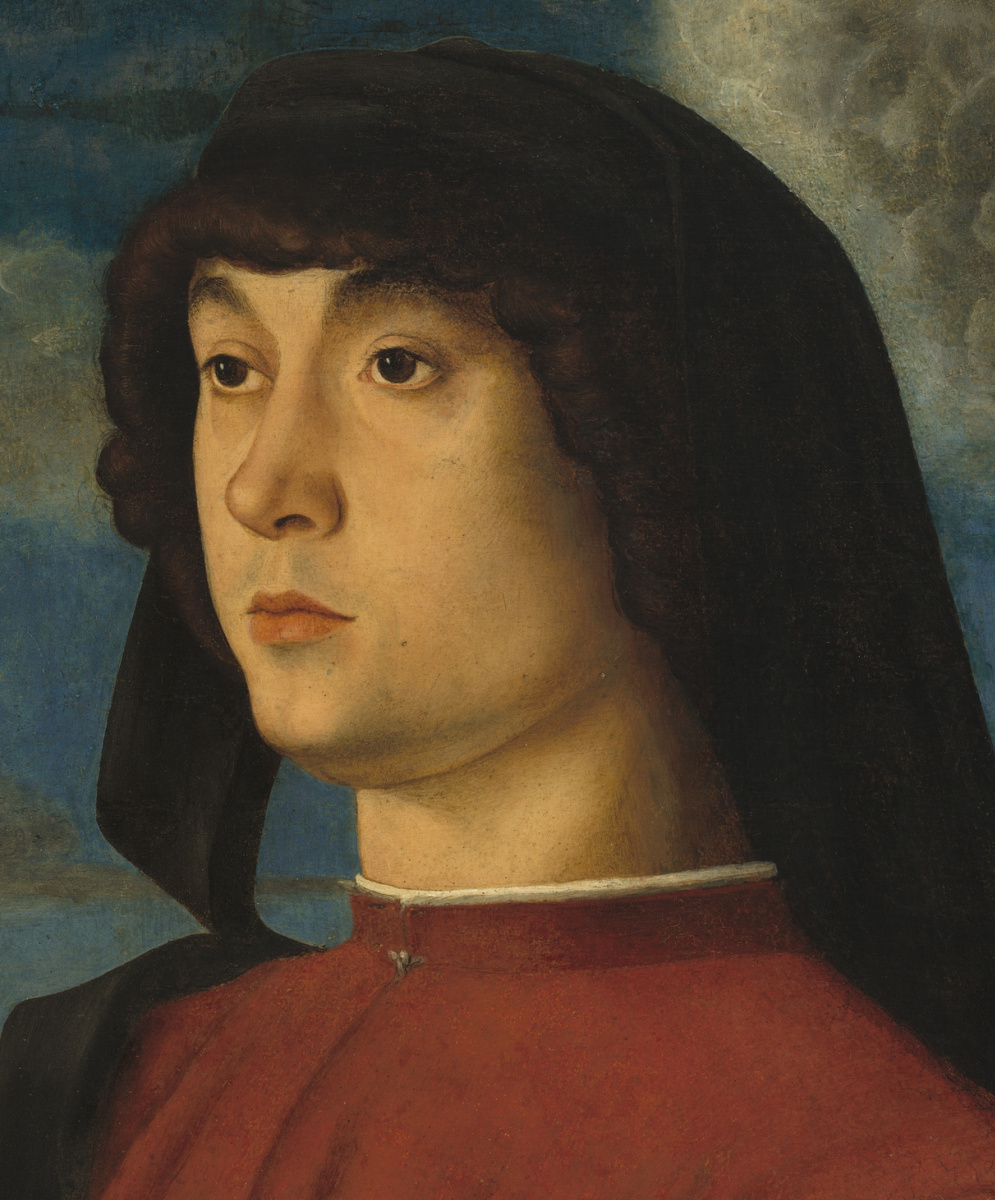 Giovanni Bellini. Portrait of a young man in red. Fragment