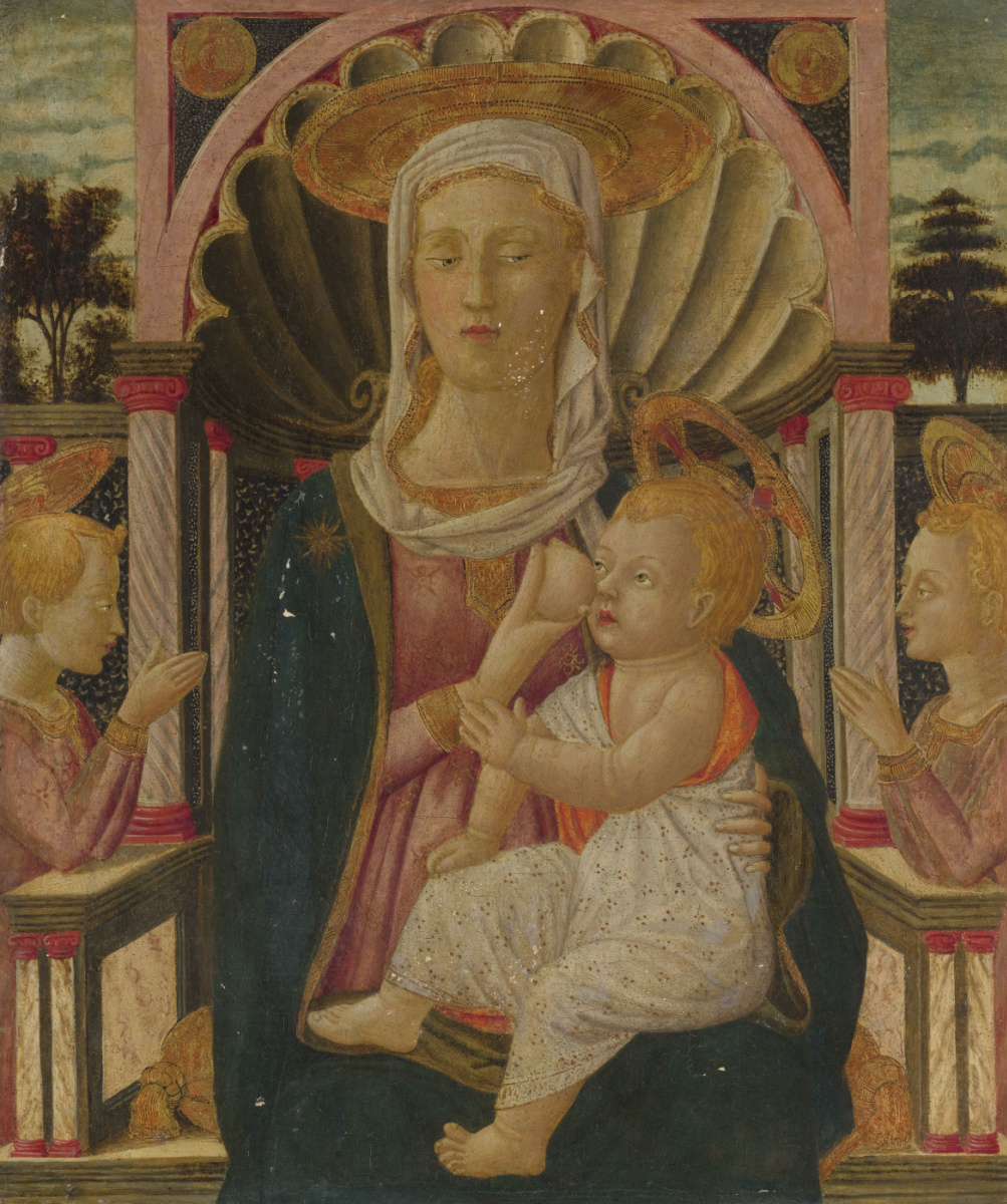 Scourge. The Madonna and child on a throne with two angels