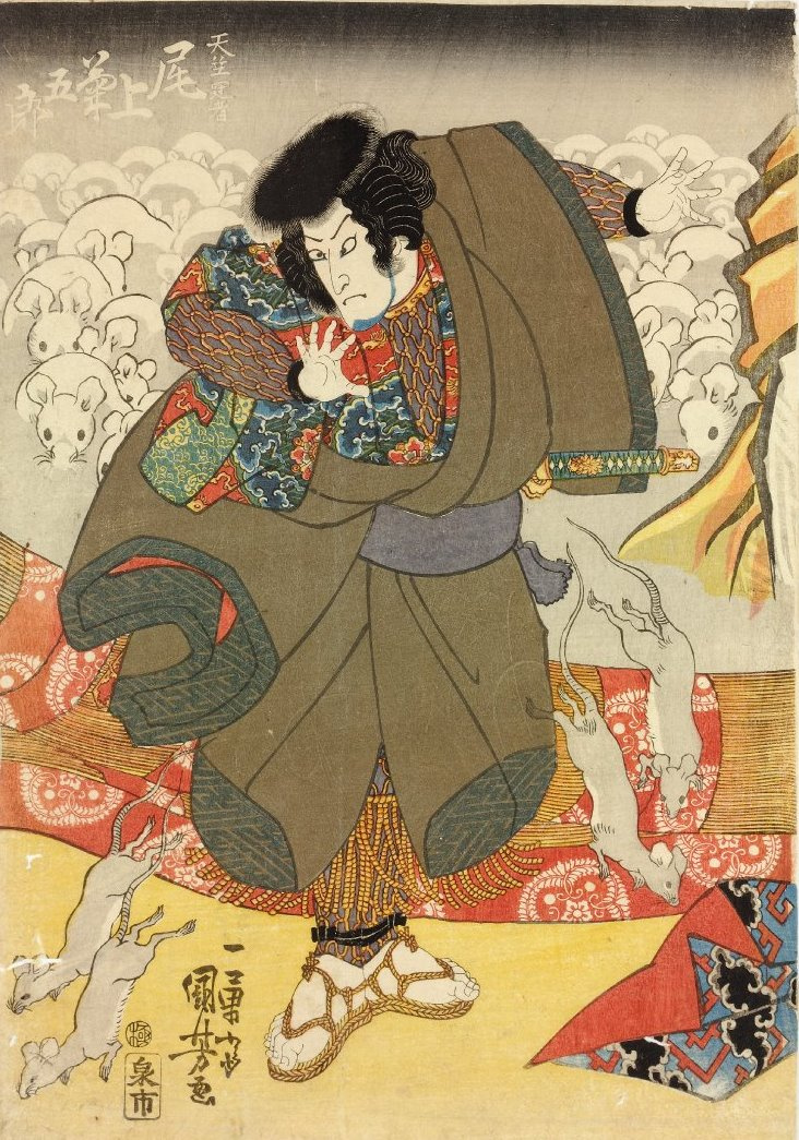 Utagawa Kuniyoshi. Triptych: Scene from Kabuki. Onoe Kikugoro III in the role Tasuki Kai, causing rats. The middle part