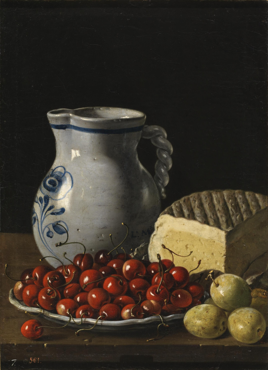 Luis Melendez. Still life with bowl of cherries, plums, cheese and jug