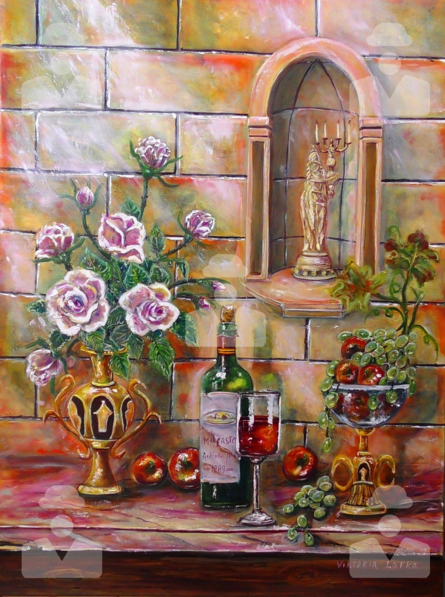 Victoria Latka. Still life with wine, roses and antique gold objects