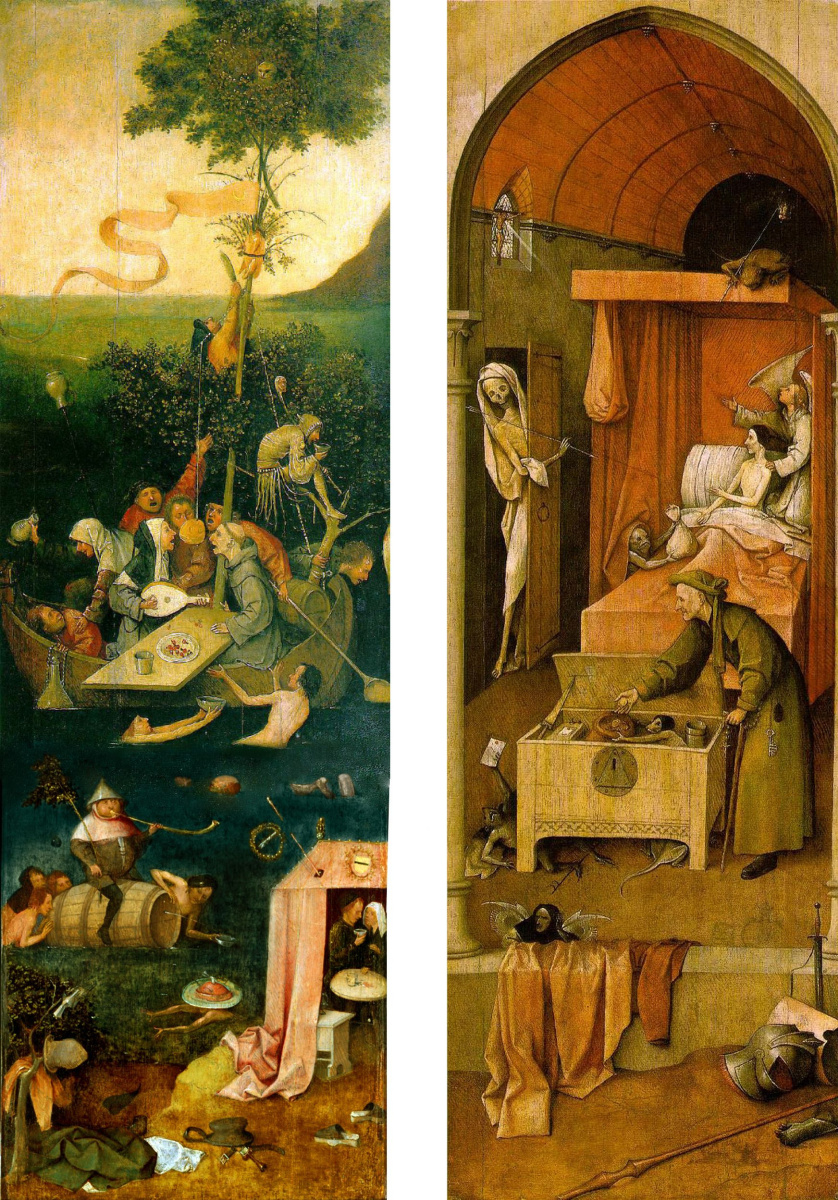 Hieronymus Bosch. Reconstruction of the lost triptych "Seven Deadly Sins": Ship of Fools (upper two thirds of the left panel), Allegory of Gluttony and Lust (lower part of the left panel) and Death of the Miser (right panel)