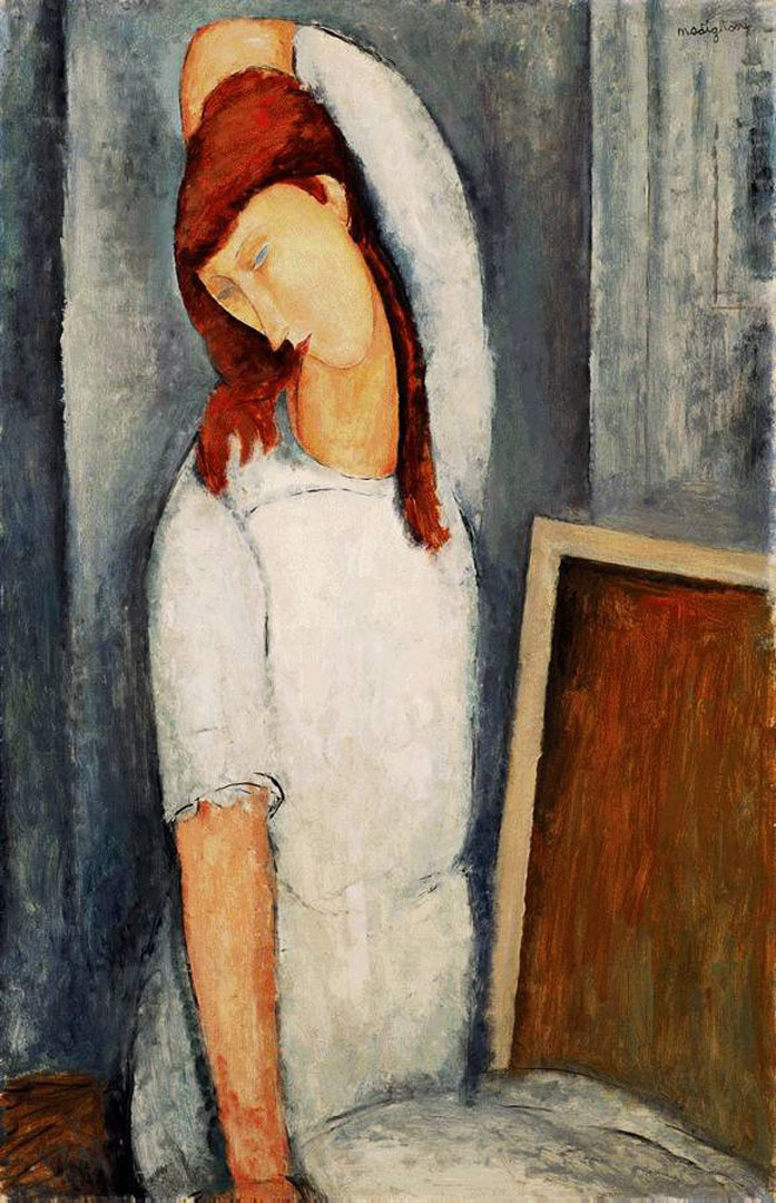 Amedeo Modigliani. Portrait of Jeanne hebuterne, left hand combing flowing hair