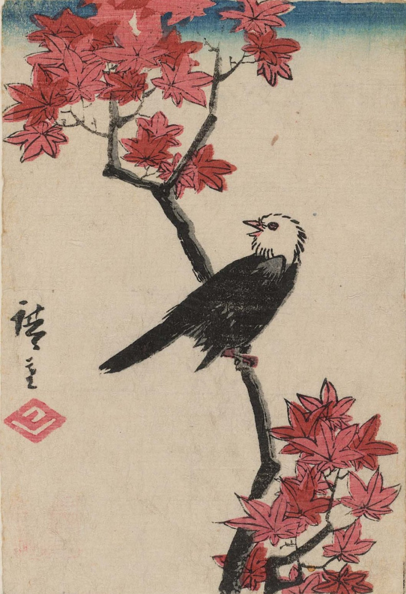 Utagawa Hiroshige. Male Japanese brown Bulbul on branch of maple