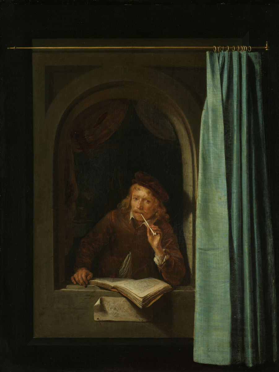 Gerrit (Gerard) Dow. Ein Mann mit einer Pfeife und einem Buch (Selbstporträt)
