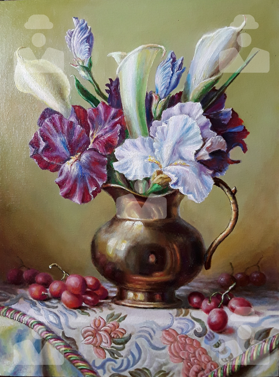Tatiana Yurievna Grishutina. Still life with irises and calla lilies