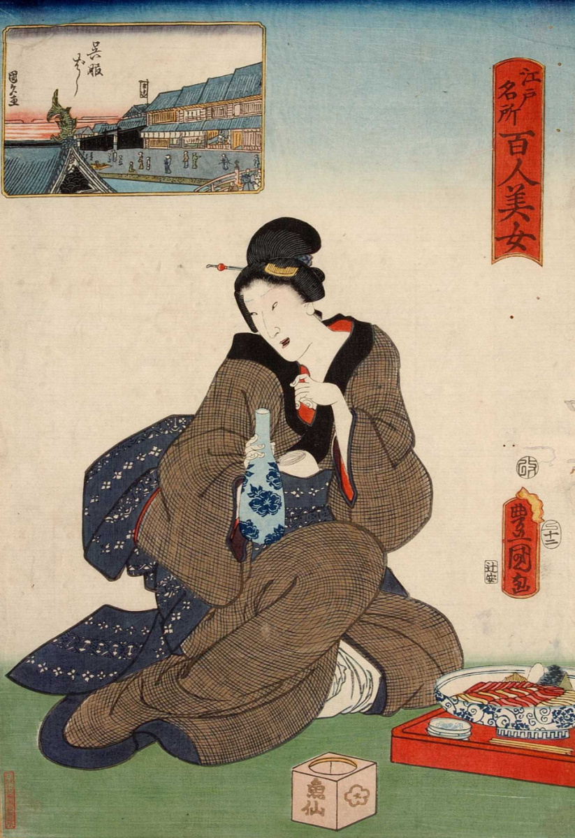 Utagawa Kunisada. Gofuku-Bashi. A series of "Beautiful women and famous places in Edo"
