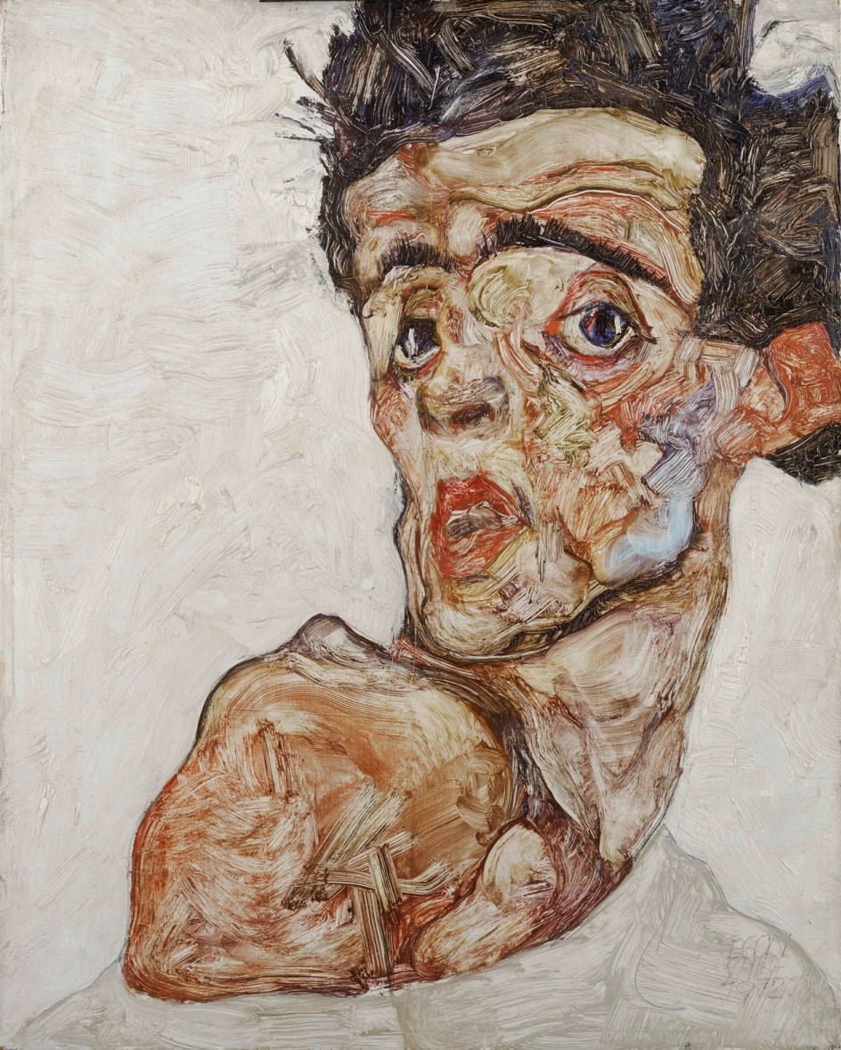 Egon Schiele. Self portrait with raised bare shoulder