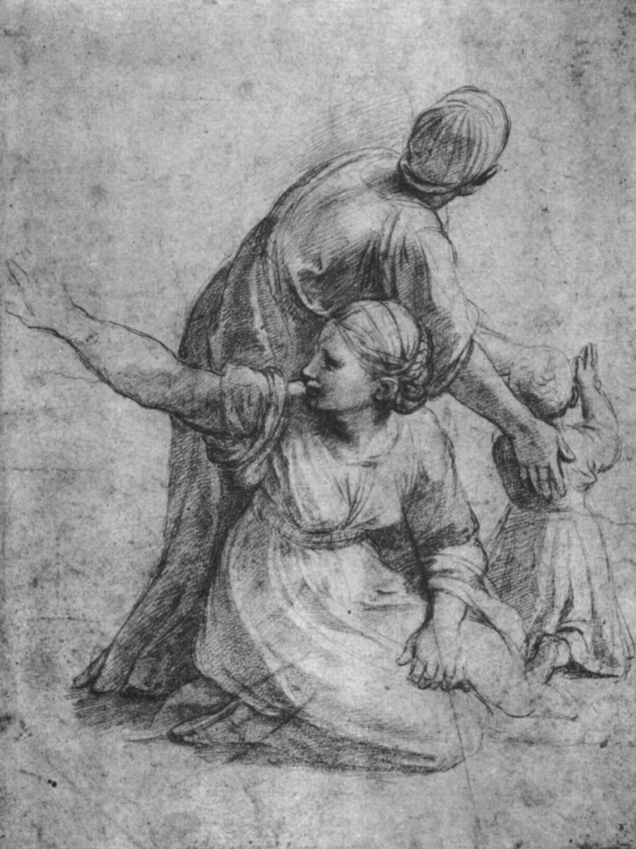 Raphael Sanzio. Sketch of two women with the baby's fresco "Fire in Borgo" of the Palace of the Pope in the Vatican