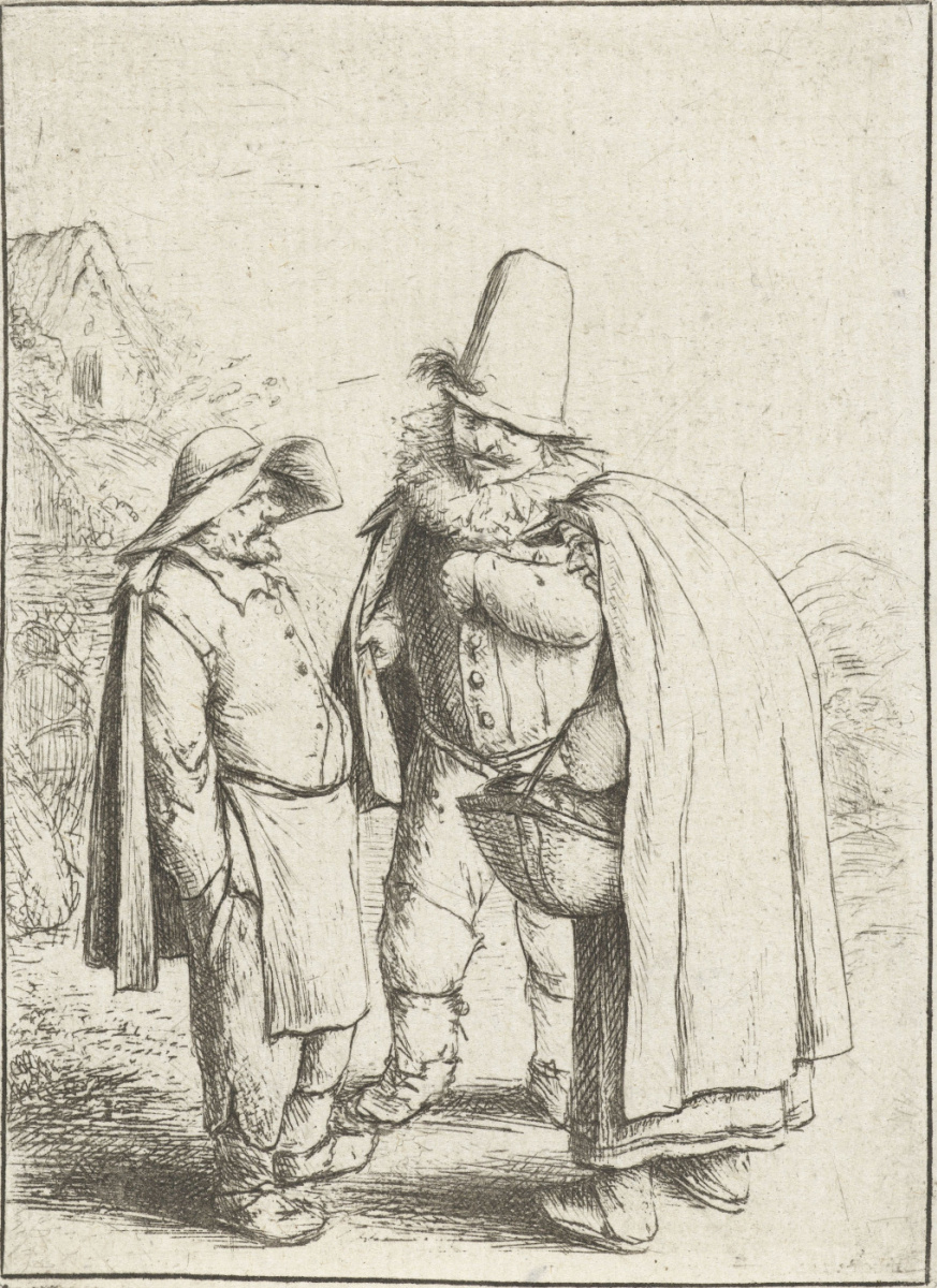 Adrian Jans van Ostade. The witch, the peasant and the peasant woman talking on the street