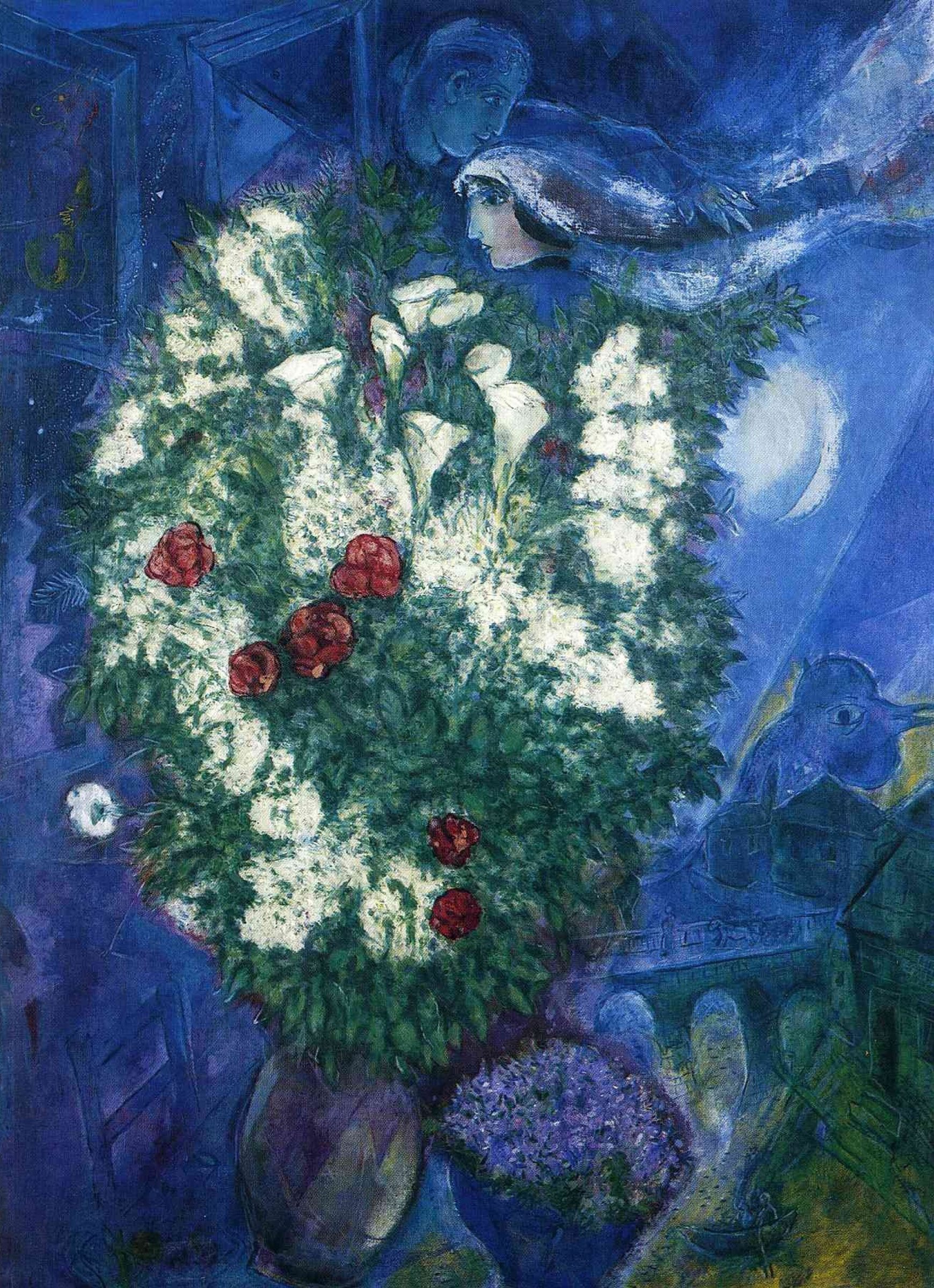 Bouquet with lilies and flying lovers, 1947, 98×131 cm by Marc