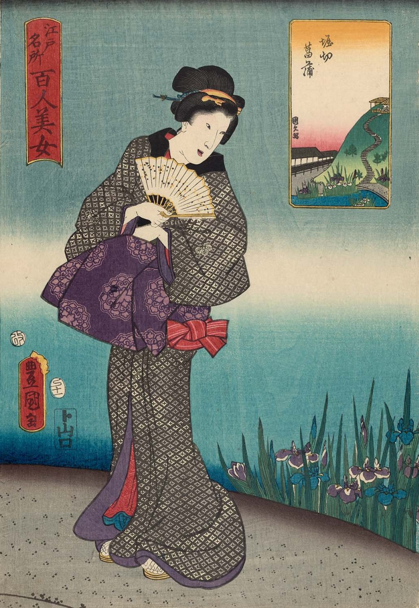 Utagawa Kunisada. Irises in Horikiri. A series of "Beautiful women and famous places in Edo"
