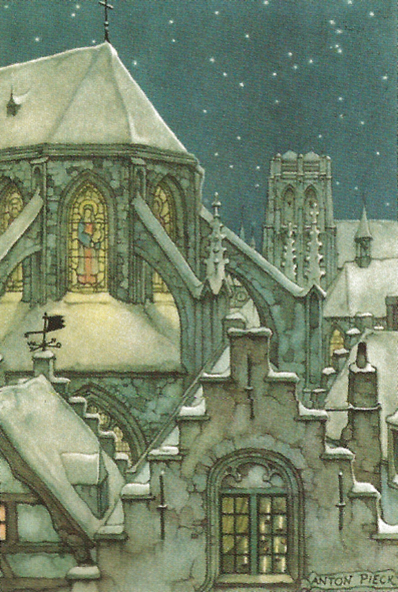 Anton Pieck. Christmas postcard with snowy Church