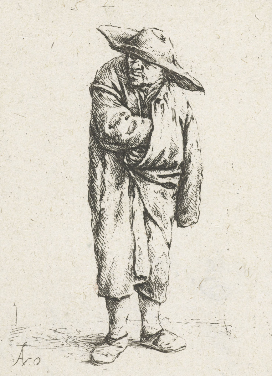 Adrian Jans van Ostade. Standing the farmer in the hat with his arm under the cloak