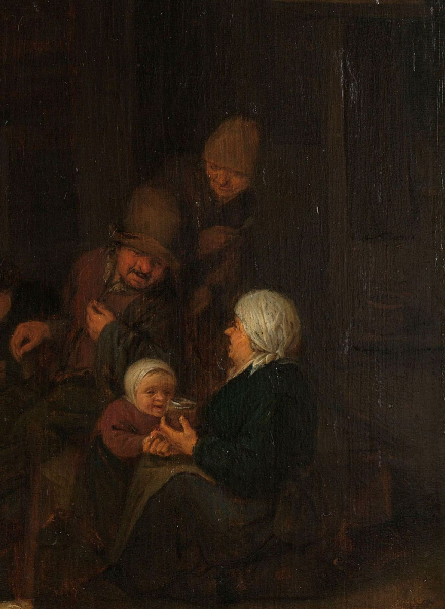 Adrian Jans van Ostade. Interior with peasants at the hearth. Fragment. A woman with a child