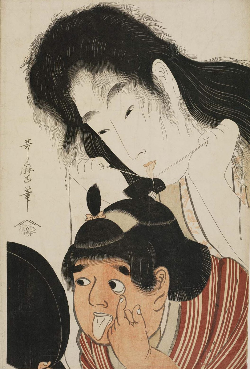 Kitagawa Utamaro. Yamauba tying hair Kintaro, grimacing before the mirror