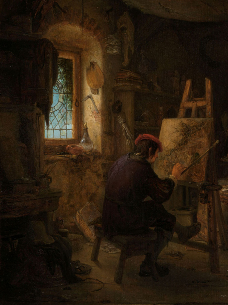 Adrian Jans van Ostade. The artist's Studio. Fragment. The artist in the interior
