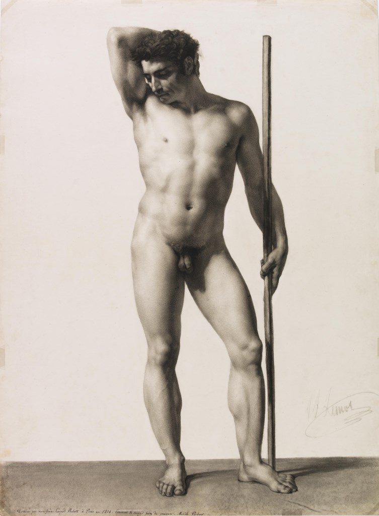 Louis Léopold Robert. Man standing, stick in left hand, right arm folded over head. Academy