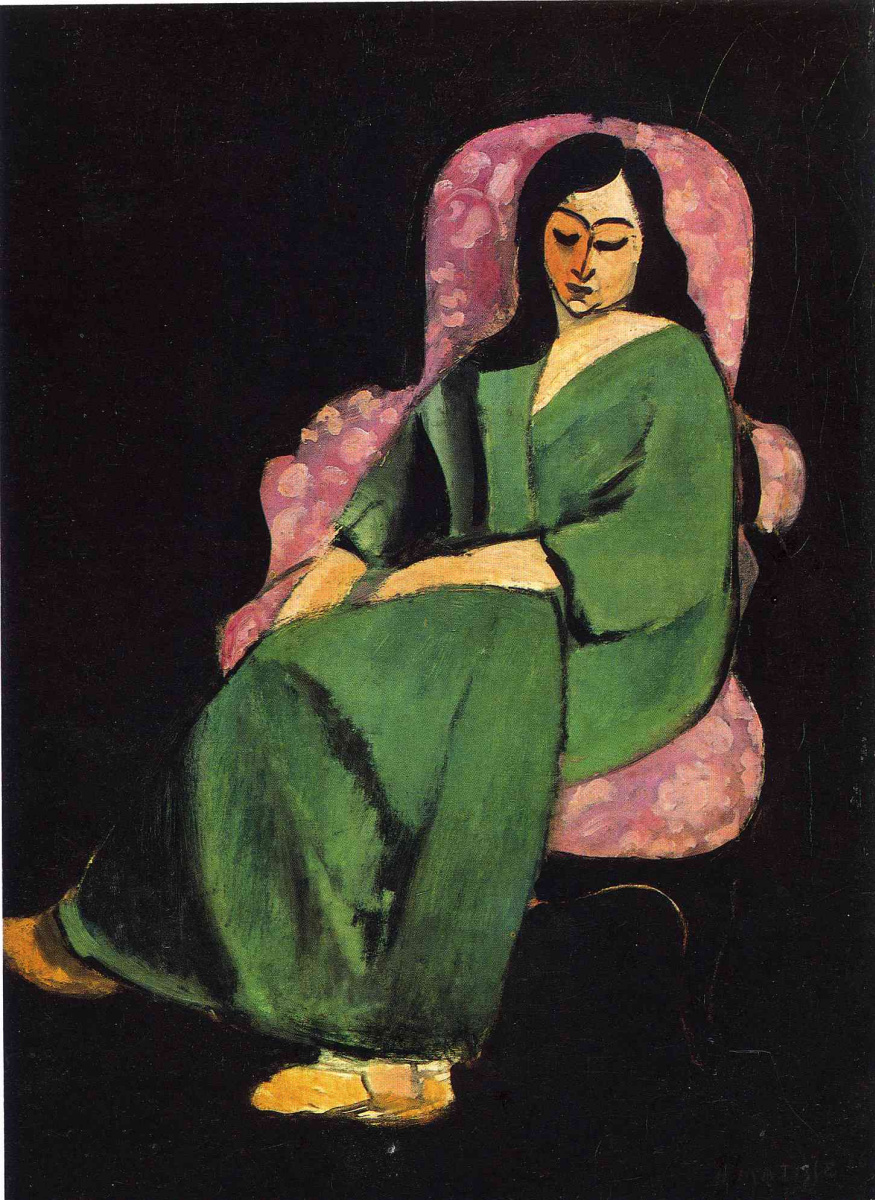 Henri Matisse. Laurette in a green dress on black background