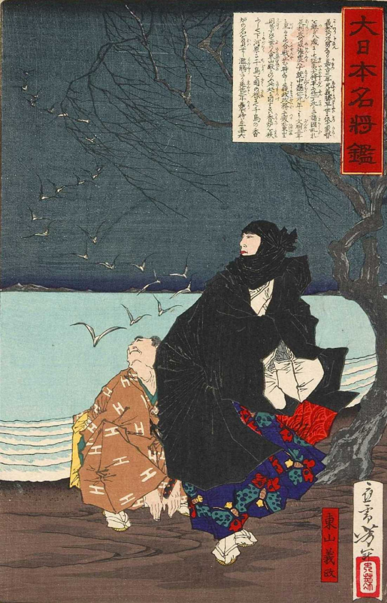 Tsukioka Yoshitoshi. Higashiyama Ishimatsu watching the birds over the river Yodo. A series of "Famous generals of great Japan"