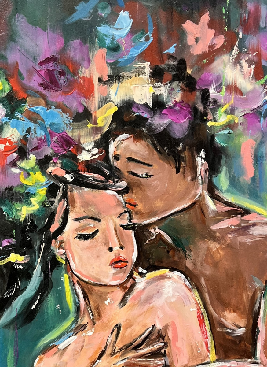 Naked young couple in spring flowers