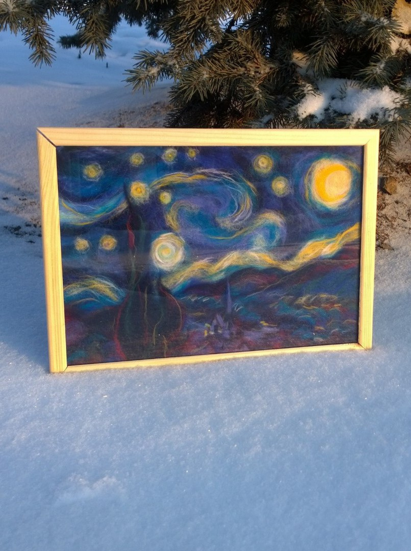 Неизвестный художник - Звездная ночь Ван Гога (репродукция из шерсти),  30×21 см: Описание произведения | Артхив