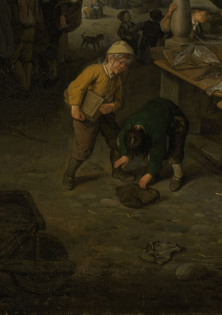 Cornelis Dyusart. Fish market. Fragment. Two boys at the counter