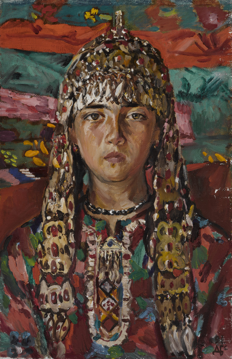 Дурды Байрамович Байрамов. Portrait of Mergen. A girl with Turkmen ornaments.