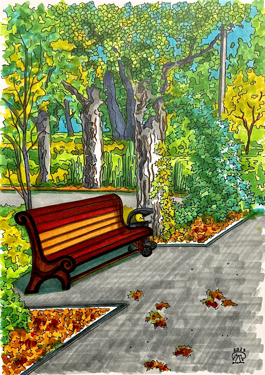 Larissa Lukaneva. A bench in the park. Sketch.