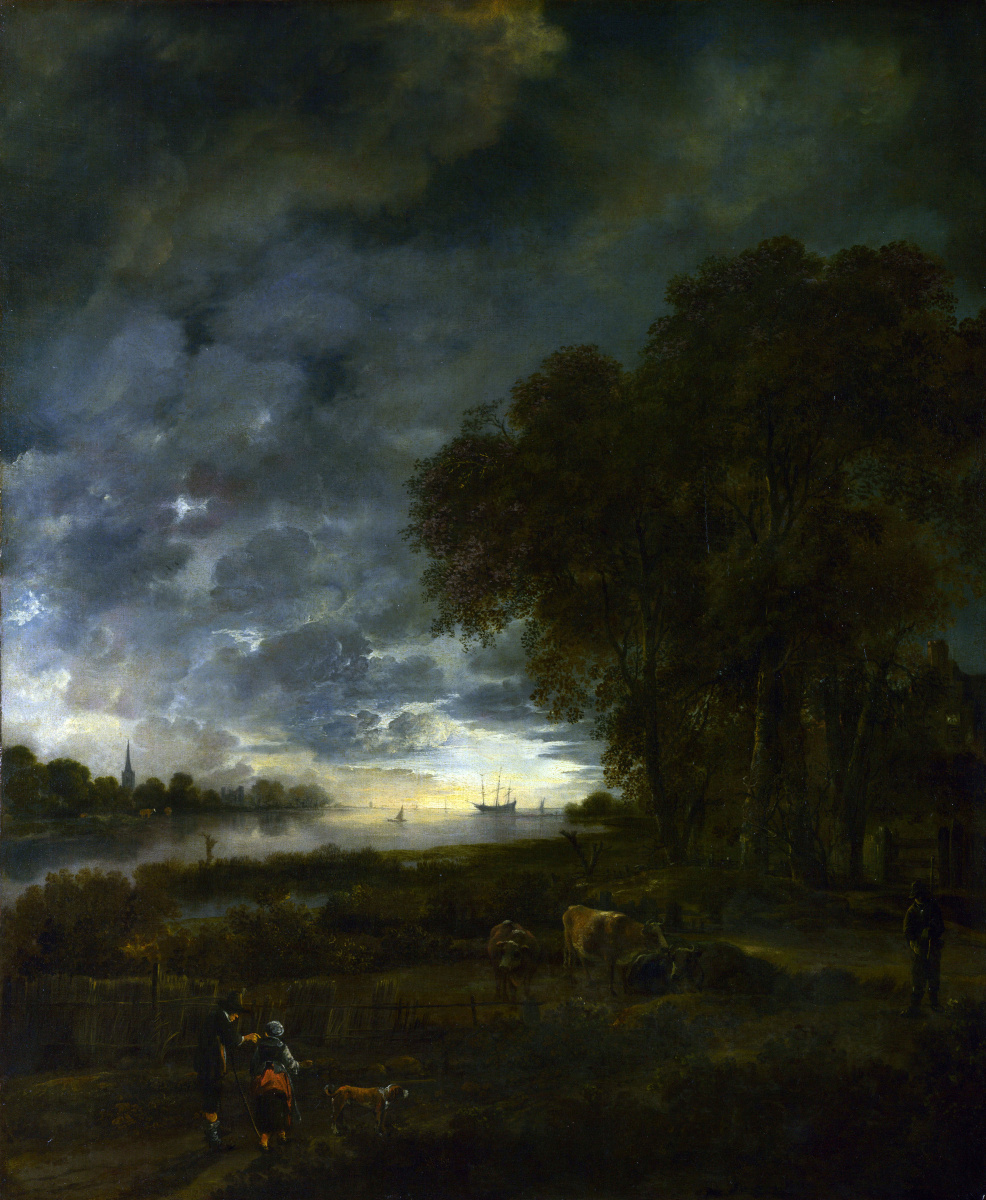 Art van der Ner. Landscape with the river in the evening