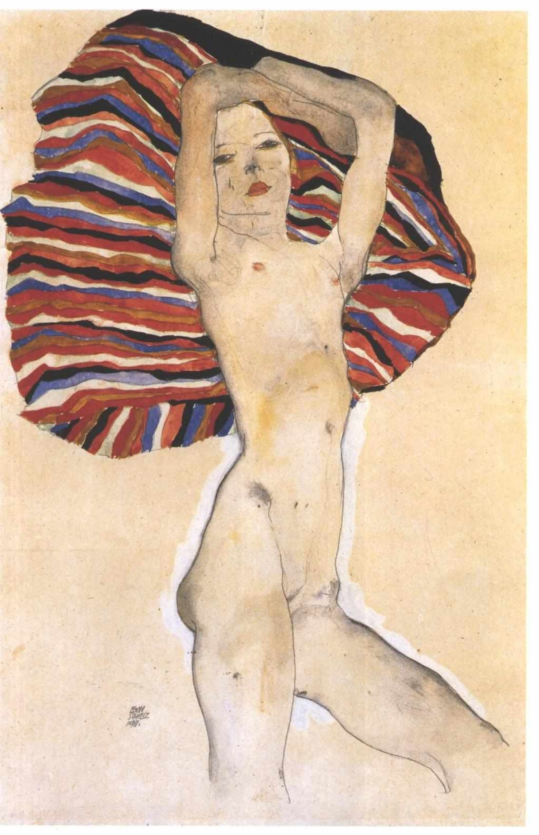 Egon Schiele. Nude against the background of colorful fabric