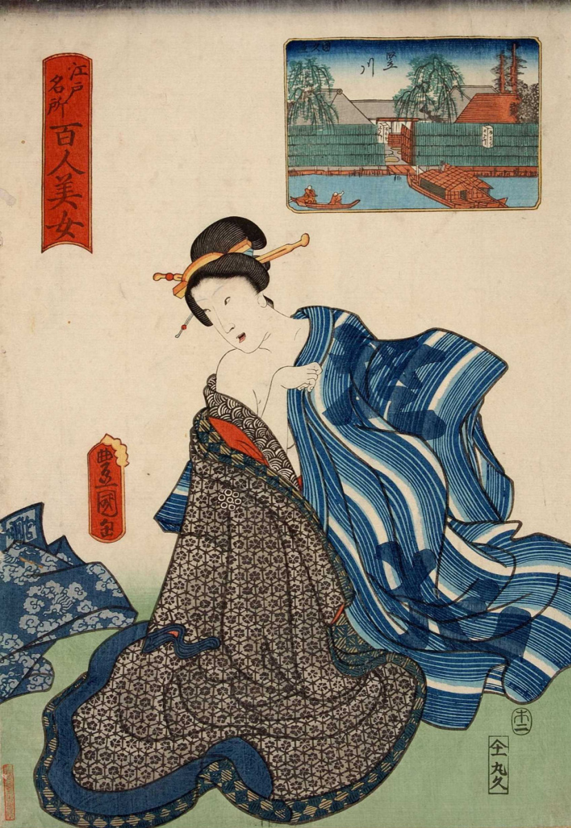 Utagawa Kunisada. Tatekawa. A series of "Beautiful women and famous places in Edo"