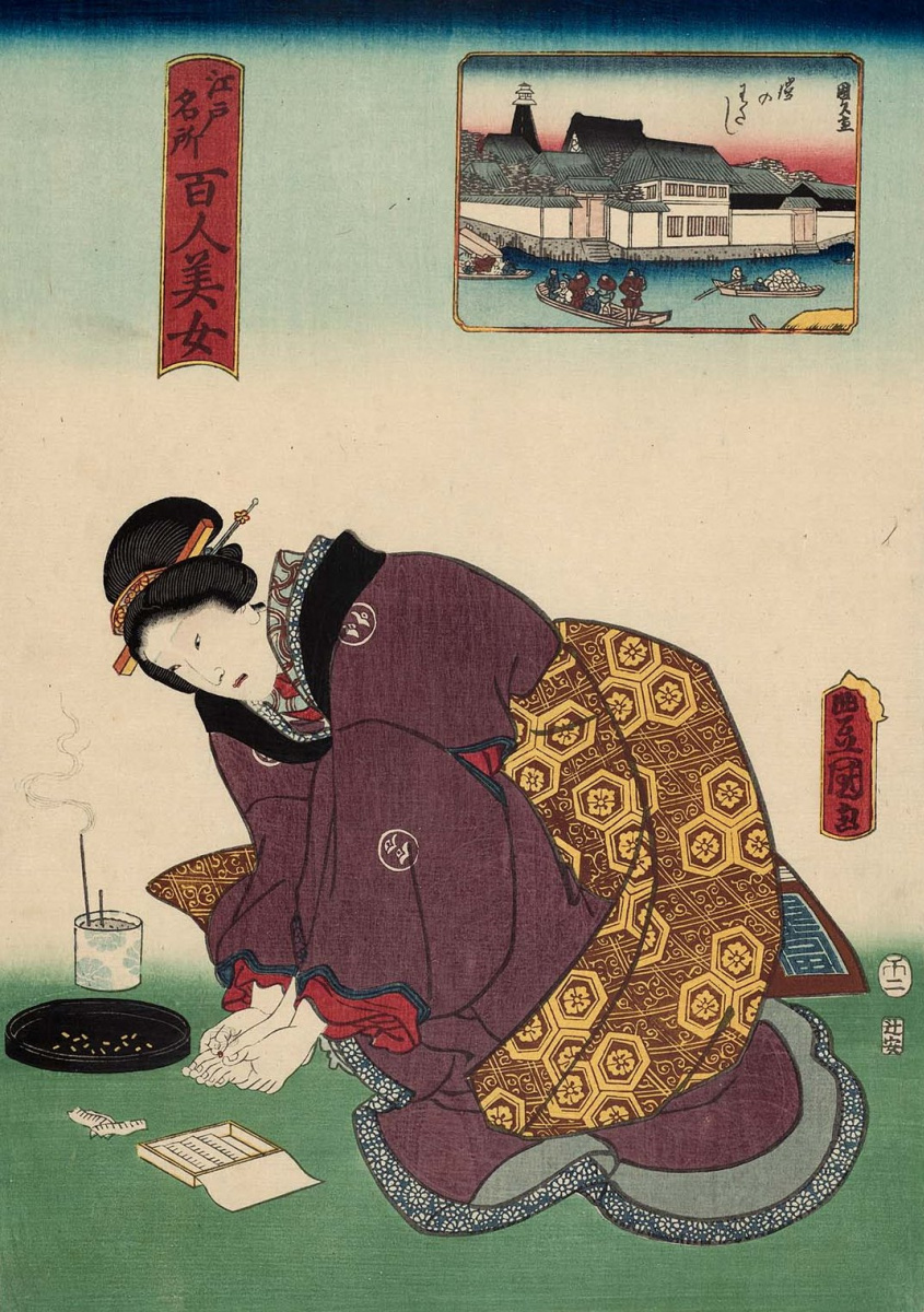 Utagawa Kunisada. Ferry Yoroi. A series of "Beautiful women and famous places in Edo"