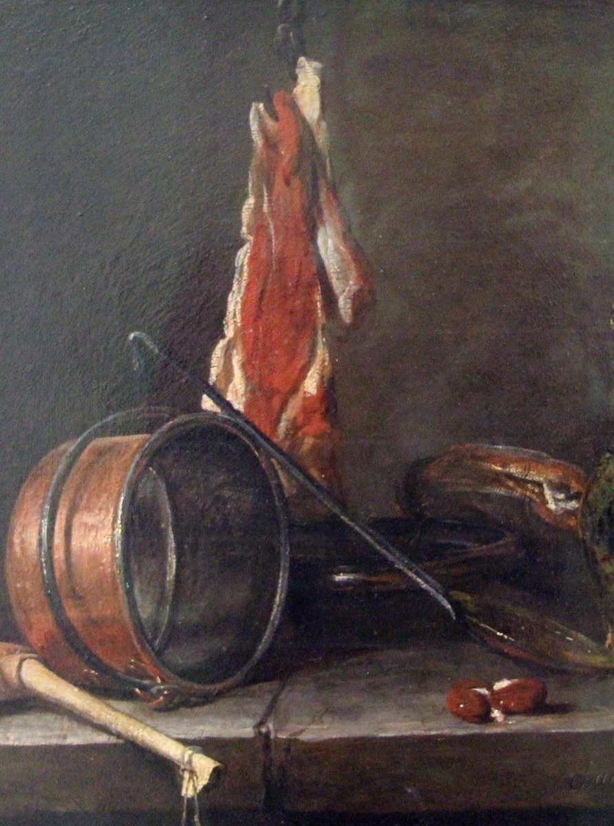 Jean Baptiste Simeon Chardin. "Lean diet". Still life with meat and kitchenware. Fragment