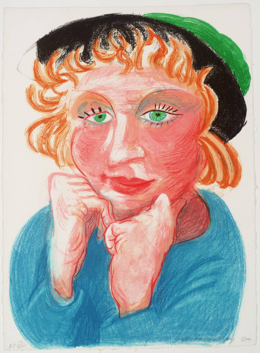 David Hockney. Celia in a green hat