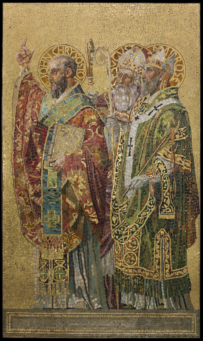 Панель, Отцы церкви, ок. 1892. Мастерская Тиффни. Дизайнер — Joseph Lauber. Стекло, гипс, 248.3×148. Панель, Отцы церкви, ок. 1892. Мастерская Тиффни. Дизайнер — Joseph Lauber. Стекло, гипс, 248.3×148.