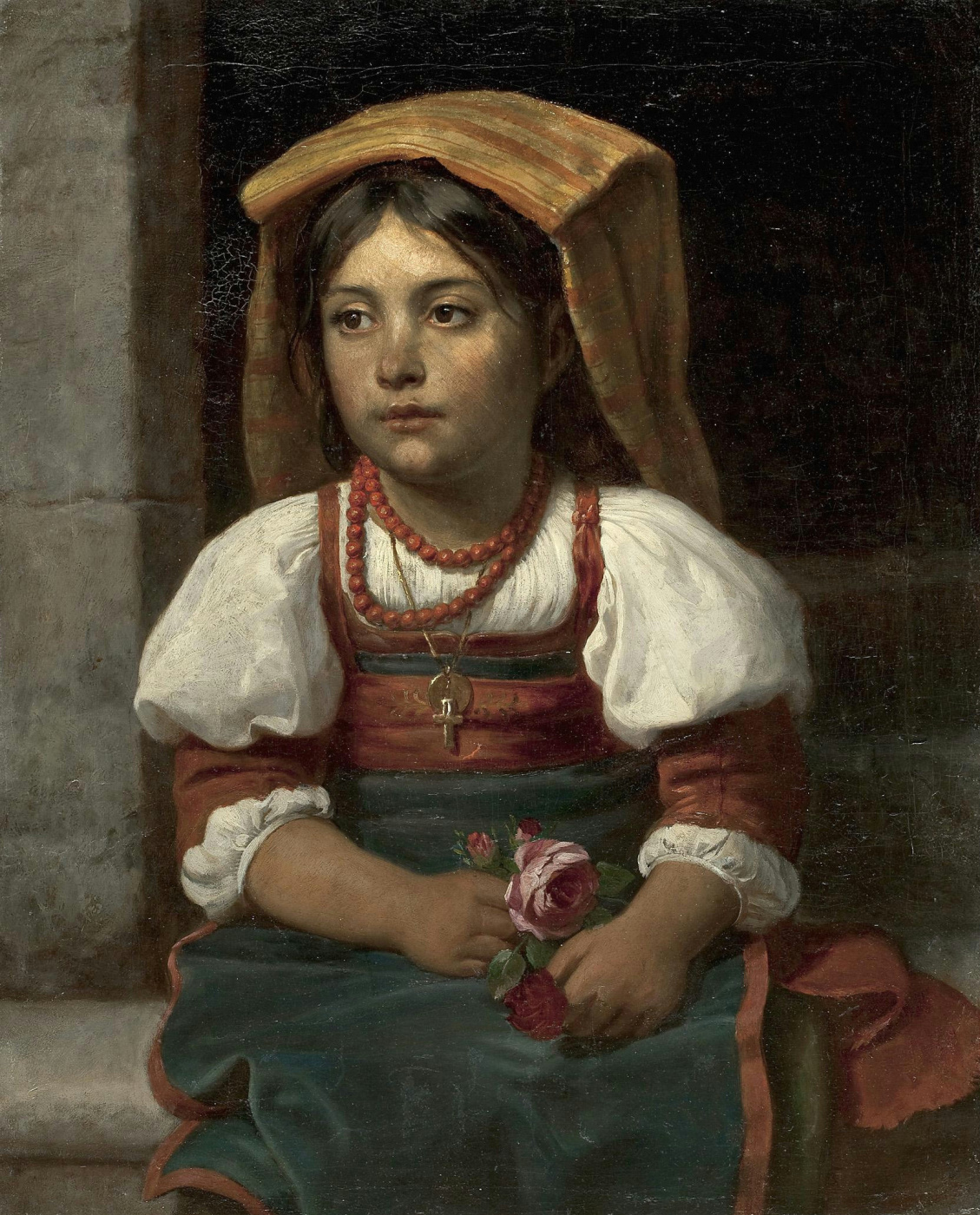 Carl von Blaas. Sitting Italian girl with roses