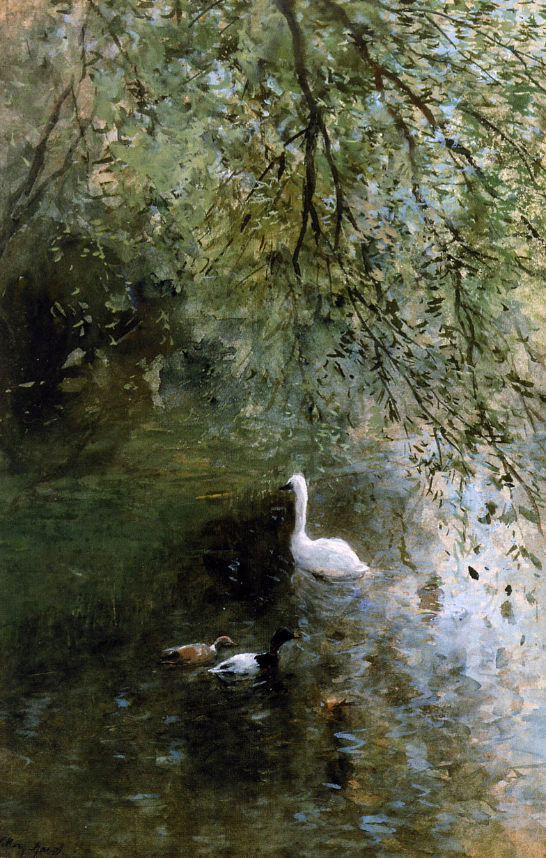 Willem Maris. Ducks and a Swan near the shore